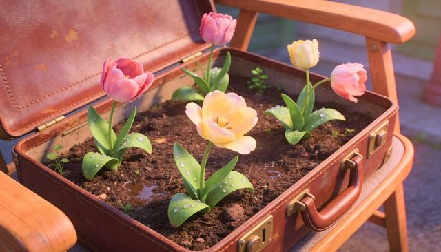 Vintage leather suitcase planter with blooming tulips and dewy morning light