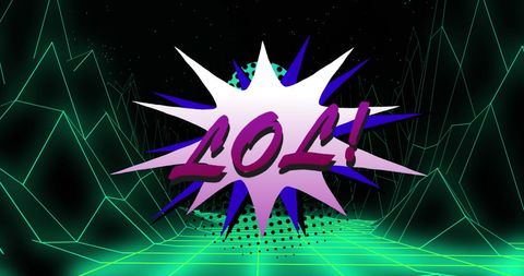 LOL Text Over Digital Wireframe Mountains in Sci-Fi Style