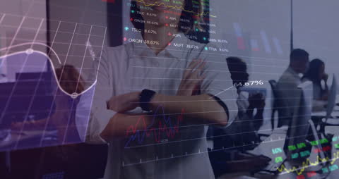 Confident Businesswoman Analyzing Financial Data on Transparent Screen