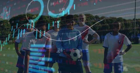 Smiling Female Soccer Team with Overlay of Financial Graphs