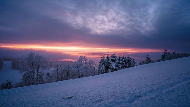 Lavender Sunrise Over Snowy Ridge With Frosted Pines, Mist and Tranquil Winter Dawn