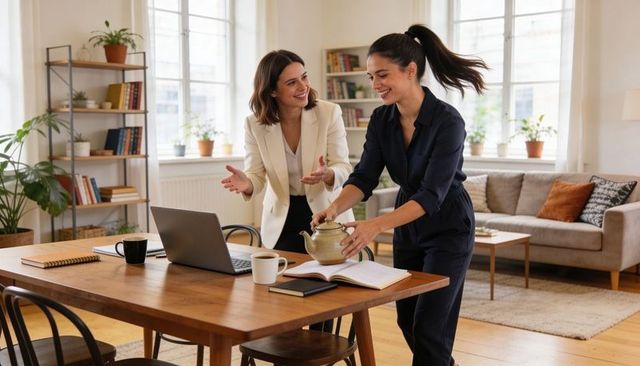Colleagues Pouring Tea While Collaborating in Sunlit Home Office Workspace