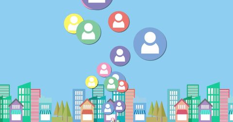 Colorful social media icons hovering above stylized cityscape