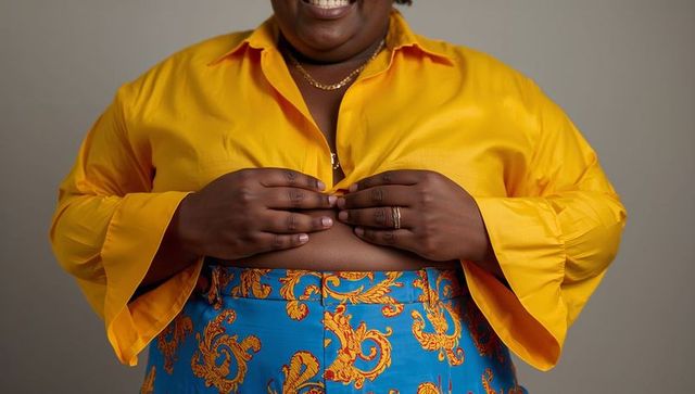 Smiling woman revealing midriff wearing bright yellow blouse and patterned blue skirt