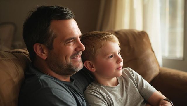 Father and son cuddling on couch watching tv together, warm cozy family moment at home
