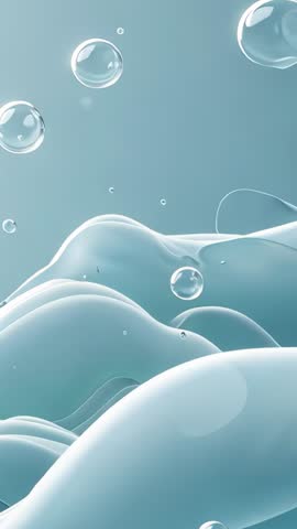 Vertical abstract teal liquid waves with floating glass bubbles, loopable motion