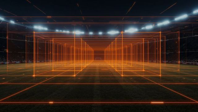Glowing orange wireframe tunnel leading along football pitch under stadium night lights