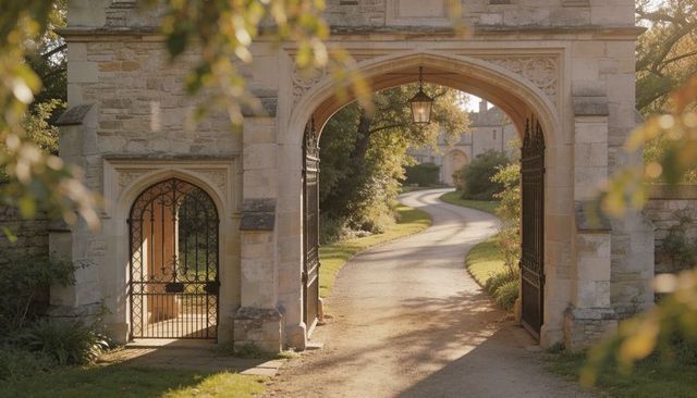 Sunlit stone archway leading winding gravel drive to historic manor with lantern light