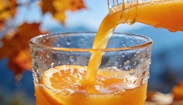 Sunlit orange juice pouring into clear glass with fresh orange slice and condensation