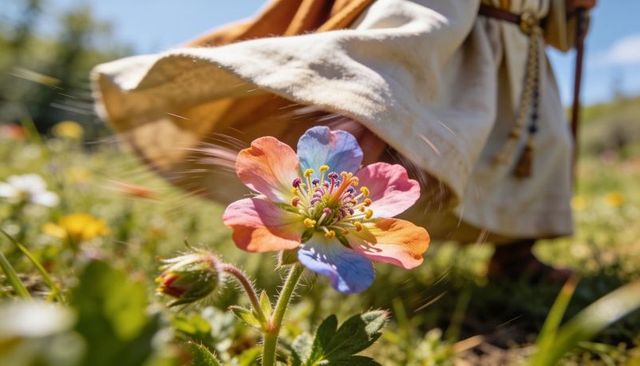 Sunlit multicolored wildflower macro blooming beside flowing garment and tassel belt
