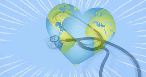 World Health Day Concept: Heart-Shaped Earth with Stethoscope