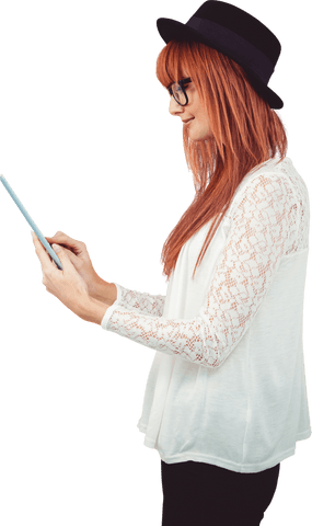 transparent young woman reading tablet with red hair and black hat - Download Free Stock Videos Pikwizard.com