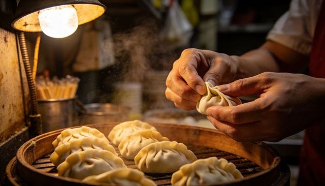 Pleating hands shaping steamed dumplings over bamboo steamer under warm lamp