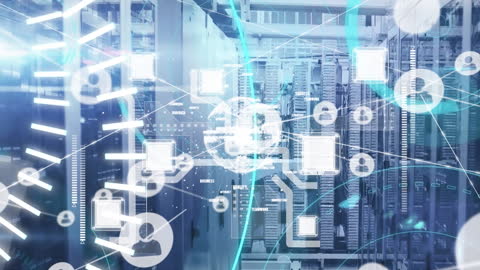 Futuristic Digital Network Overlaid on Data Center