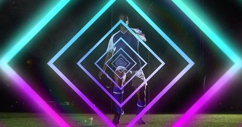 Soccer player balancing and dribbling through neon diamond light tunnel