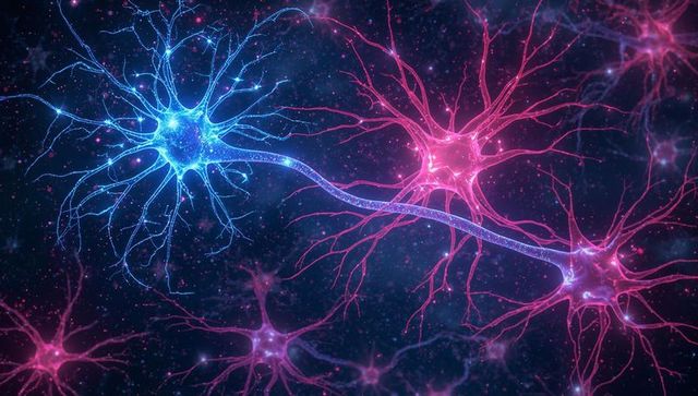 Neurons connecting with glowing synapse: cyan and magenta neural network illustration