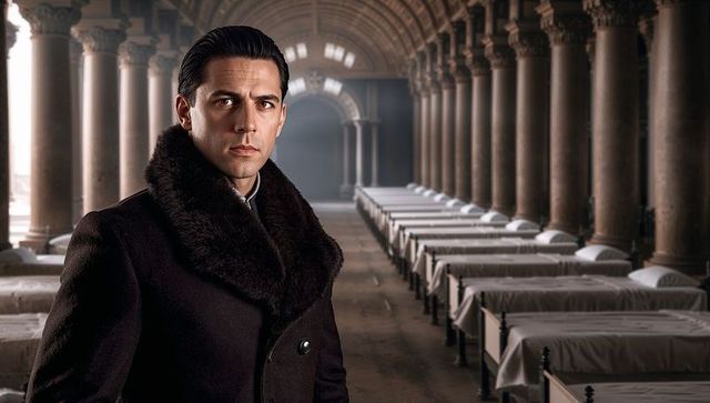 Solitary man in fur-collared coat in vintage vaulted hall