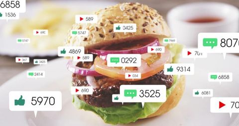 Sesame Bun Burger with Social Media Engagement Overlays for Viral Food Marketing