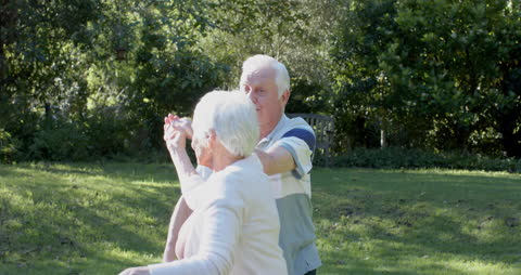 Elderly Couple Dancing Joyfully in Garden Sunlight