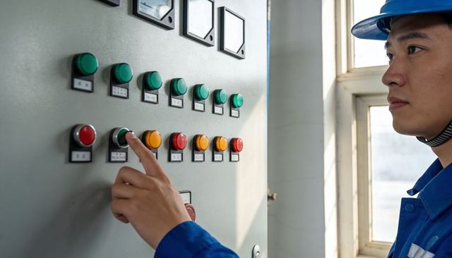 Industrial technician operating control panel pressing green button monitoring gauges