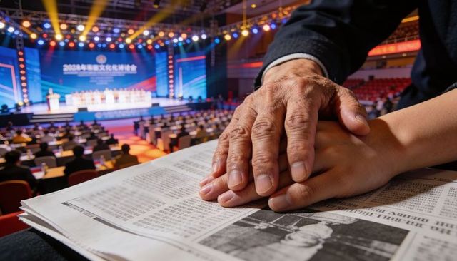 Clasping senior asian hands on newspaper at conference auditorium with led stage lights