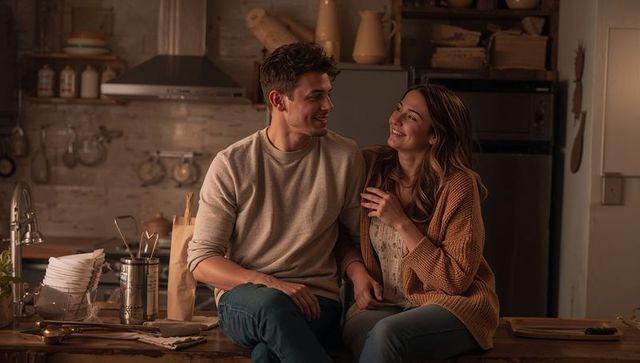 Young couple sharing cozy, romantic moment on rustic modern kitchen counter at dusk