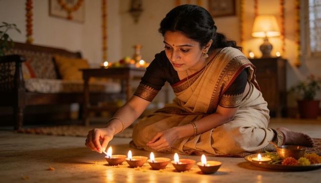 Indian woman lighting diyas during diwali ritual at home altar in cream saree, marigold garlands