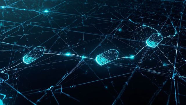 Glowing Blockchain Data-Tags Connecting Nodes on Futuristic Neon Network Grid