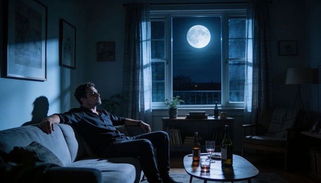 Man Sitting on Sofa Looking at Moon Through Window Late Night Solitude and Reflection