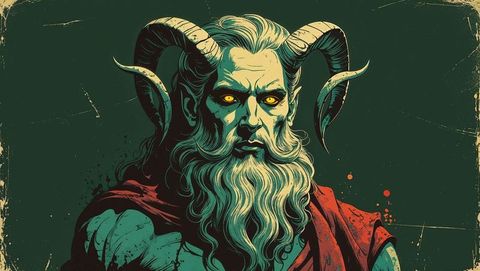 Mythical horned satan with glowing eyes in grunge style