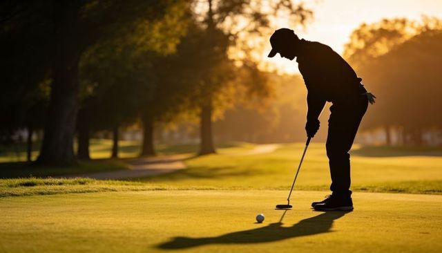 Putting golfer silhouette on golden sunset golf green casting long shadow
