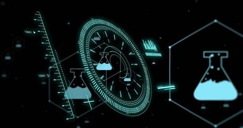 Holographic lab hud displaying circular data ring, flask icons and neon network visualization