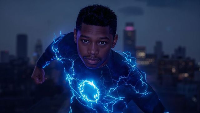 Electric Superhero Races Across Urban Rooftop at Night