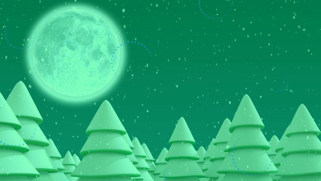 A digitally animated scene depicting a scenic winter landscape with snow gently falling over stylized fir trees under a glowing full moon. This serene and festive animation can be used for digital Christmas greetings, as a background for holiday content, or to evoke a peaceful winter night atmosphere in presentations and videos.