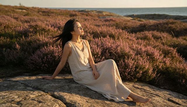 Serene asian woman in linen dress barefoot gazing at sea on sunlit coastal heather