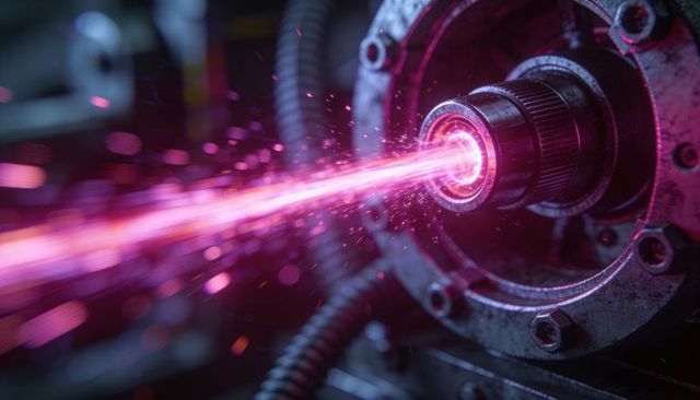 Projecting pink laser beam from industrial emitter with sparks, flange and conduits