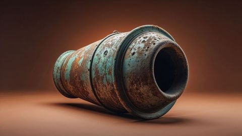 Aged turquoise first world war cannon barrel with rust and corrosion texture