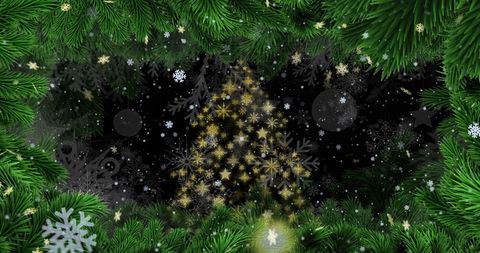 Festive christmas tree with glowing golden stars and snowflakes