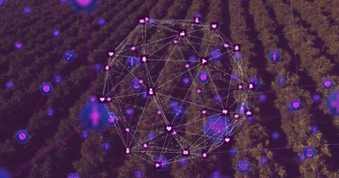 Digital network sphere above orchard with iot icons illustrating connectivity