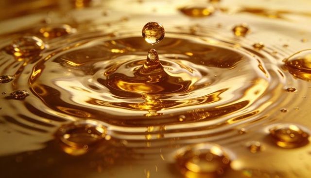 Golden droplet creating crown ripple, shimmering amber liquid surface macro
