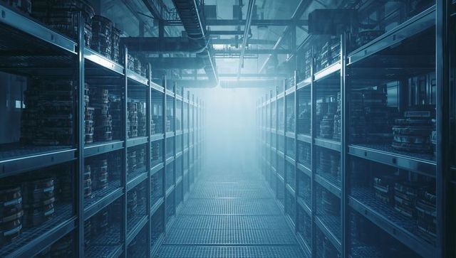 Film storage vault with metallic shelving and archival film reels