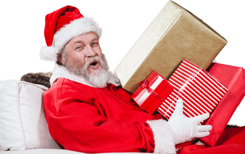 Cheerful Transparent Santa Claus with Gift Boxes