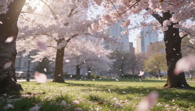 Cherry trees scattering pale petals over sunlit lawn, trunks framing urban skyline