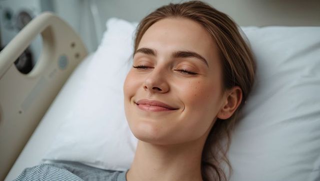 Young woman reclining in hospital bed smiling peacefully, patient recovering with calm grace
