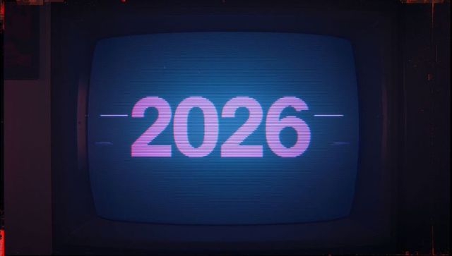 Retro crt television showing neon 2026 with scanlines, film-burn and vhs grain