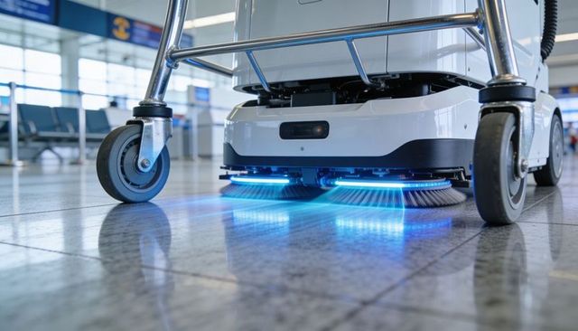 Autonomous floor scrubber cleaning airport terminal under cart with blue led lights