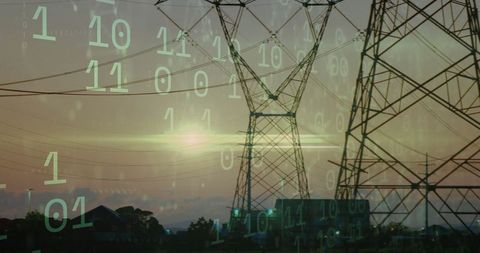 Digital binary overlay on power lines at sunset, symbolizing tech and energy integration