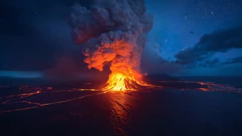 Dynamic Nighttime Volcano Eruption with Lava Flowing into Ocean