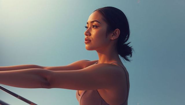Focused Asian Woman Exercising at Dawn with Limitless Sky