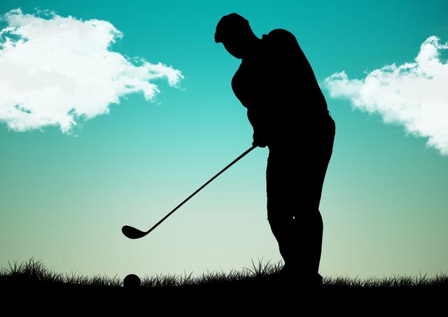 Silhouette of a golfer preparing to swing on a bright sunny day with a dramatic sky and clouds in the background. Ideal for depicting the sport of golf, outdoor leisure activities, and promoting golf events or clubs. Can be used in sports magazines, leisure websites, promotional materials, or even as inspirational content.